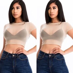 KHAKI CROPPED TOP SHORT SLEEVE SHEER MESH SHIRT